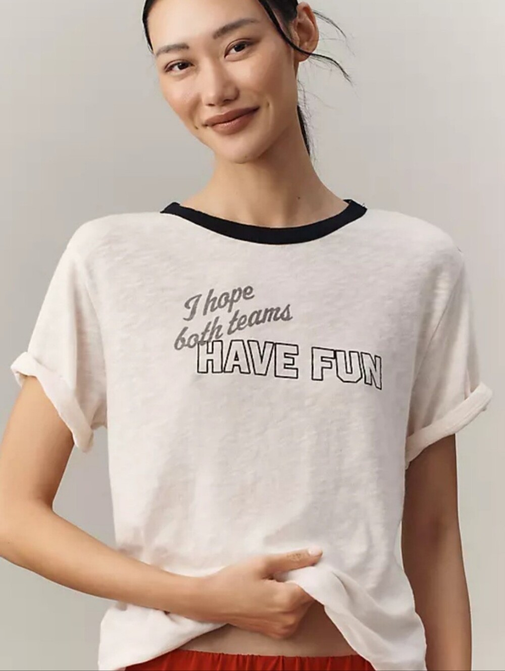 Anthropologie Maeve Women's Ivory Ringer T-Shirt Size Small Both Teams Have Fun.